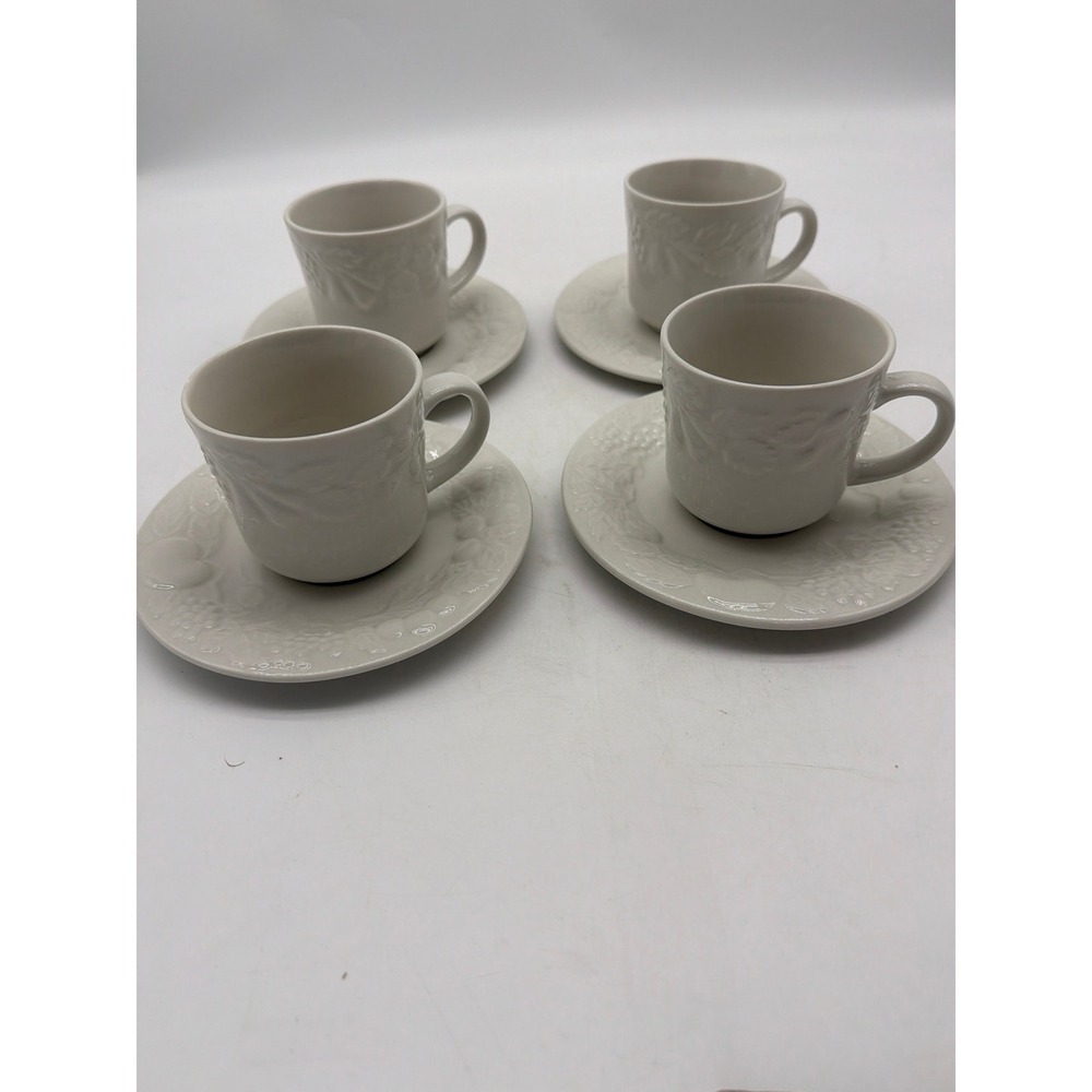 4 Gibson Housewares China Embossed‎ Raised Fruit Pattern Coffee/Tea Cup & Saucer